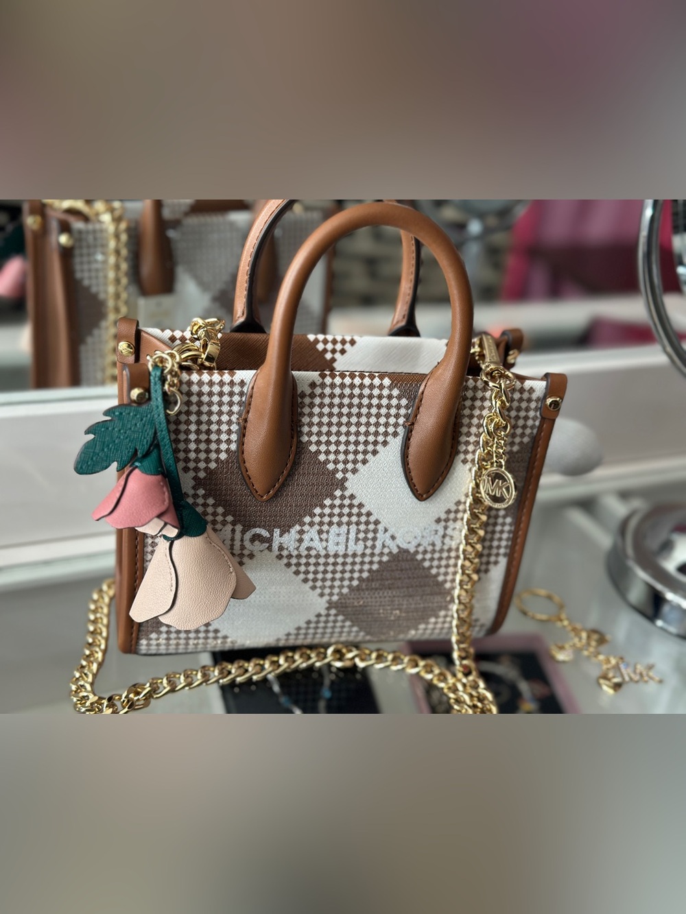 Michael Kors Mirella XS Shopper Crossbody Handbag Luggage Sequin